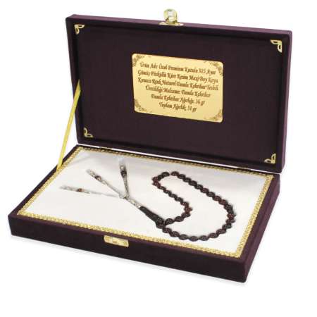 Premium Kutulu 925 Ayar Gümüş Püskül Küre Kesim Maxi Boy Kırmızı Renk Naturel Damla Kehribar Tesbih - Tesbihane