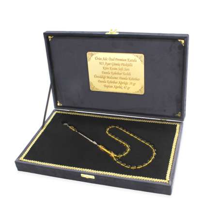 Özel Premium Kutulu 925 Ayar Gümüş Püsküllü Küre Kesim Soft Sarı Damla Kehribar Tesbih - Tesbihane