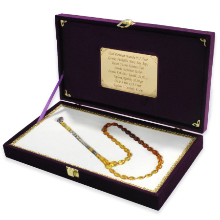 Premium Kutulu 925 Ayar Gümüş Püsküllü Maxi Boy Arpa Kesim Süzme Kırmızı Sarı Damla Kehribar Tesbih - Tesbihane