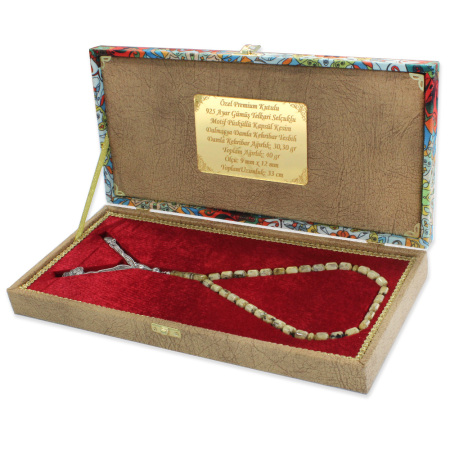 Premium Kutulu 925 Ayar Gümüş Telkari Selçuklu Püsküllü Kapsül Kesim Dalmaçya Damla Kehribar Tesbih - Tesbihane