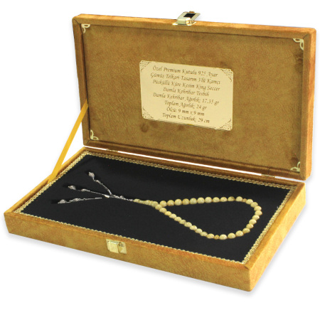 Premium Kutulu 925 Ayar Gümüş Telkari Tasarım Püsküllü Küre Kesim King Seccer Damla Kehribar Tesbih - Tesbihane