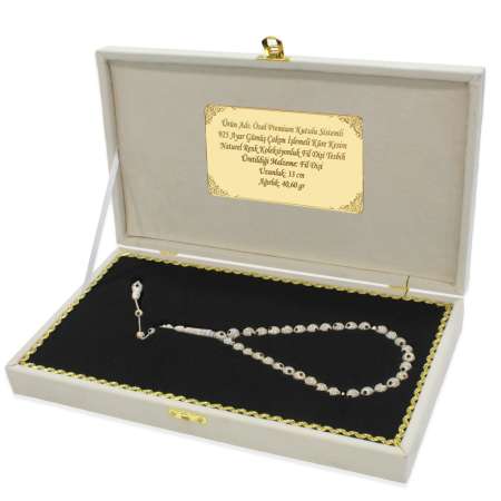 Premium Kutulu Sistemli 925 Ayar Gümüş Çakım Küre Kesim Naturel Renk Koleksiyonluk Fildişi Tesbih - Tesbihane