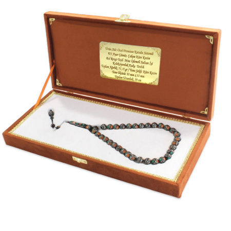 Premium Kutulu Sistemli 925 Ayar Gümüş Çakım Bal Yeşil Mine Sultan İşi Koleksiyonluk Kuka Tesbih - Tesbihane