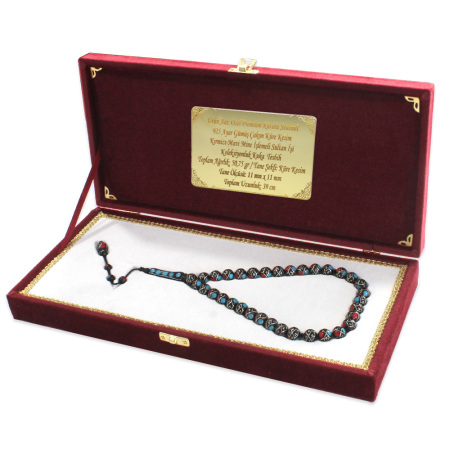 Premium Kutulu Sistemli 925 Ayar Gümüş Çakım Kırmızı Mavi Mine Sultan İşi Koleksiyonluk Kuka Tesbih - Tesbihane