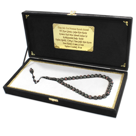 Premium Kutulu Sistemli 925 Ayar Gümüş Çakım Kırmızı Yeşil Mine Sultan İşi Koleksiyonluk Kuka Tesbih - Tesbihane