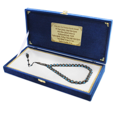 Premium Kutulu Sistemli 925 Ayar Gümüş Çakım Mavi Mine İşlemeli Sultan İşi Koleksiyonluk Kuka Tesbih - Tesbihane