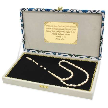 Premium Kutu Sistemli İmame Hitame İşçilikli Kaspül Kesim Naturel Renk Koleksiyonluk Fildişi Tesbih - Tesbihane