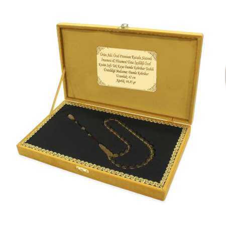 Premium Kutulu Sistemli İmame Hitame Usta İşçilikli Özel Kesim Sarı Tek Kaya Damla Kehribar Tesbih - Tesbihane