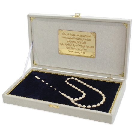 Özel Premium Kutulu Sistemli İmamesi Halkalı Natural Renk Arpa Kesim Koleksiyonluk Fildişi Tesbih - Tesbihane