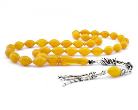 Özel Tasarım 925 Ayar Gümüş Püsküllü Sıkma Kehribar Tesbih - Tesbihane