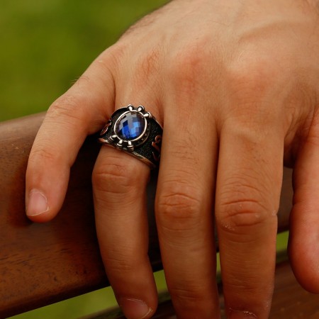 Özel Tasarım Mavi Zirkon Taşlı Gümüş Pençe Yüzük - STOKYOK