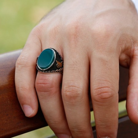 Özel Tasarım Yeşil Akik Taşlı Gümüş Yüzük - Tesbihane