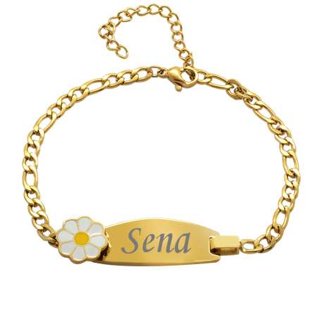 Papatya Detaylı Altın Renk Kişiye Özel İsim Yazılı Çelik Kadın Bileklik - Tesbihane