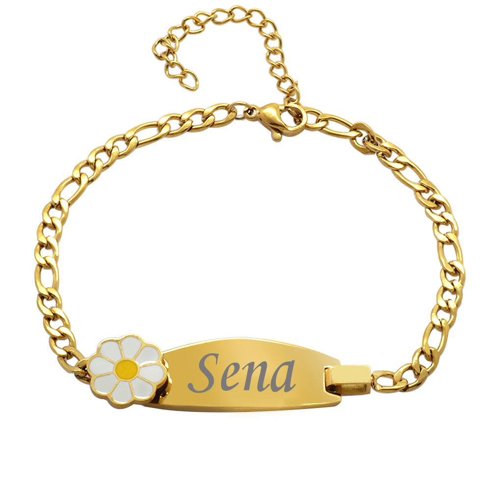 Papatya Detaylı Altın Renk Kişiye Özel İsim Yazılı Çelik Kadın Bileklik - 1