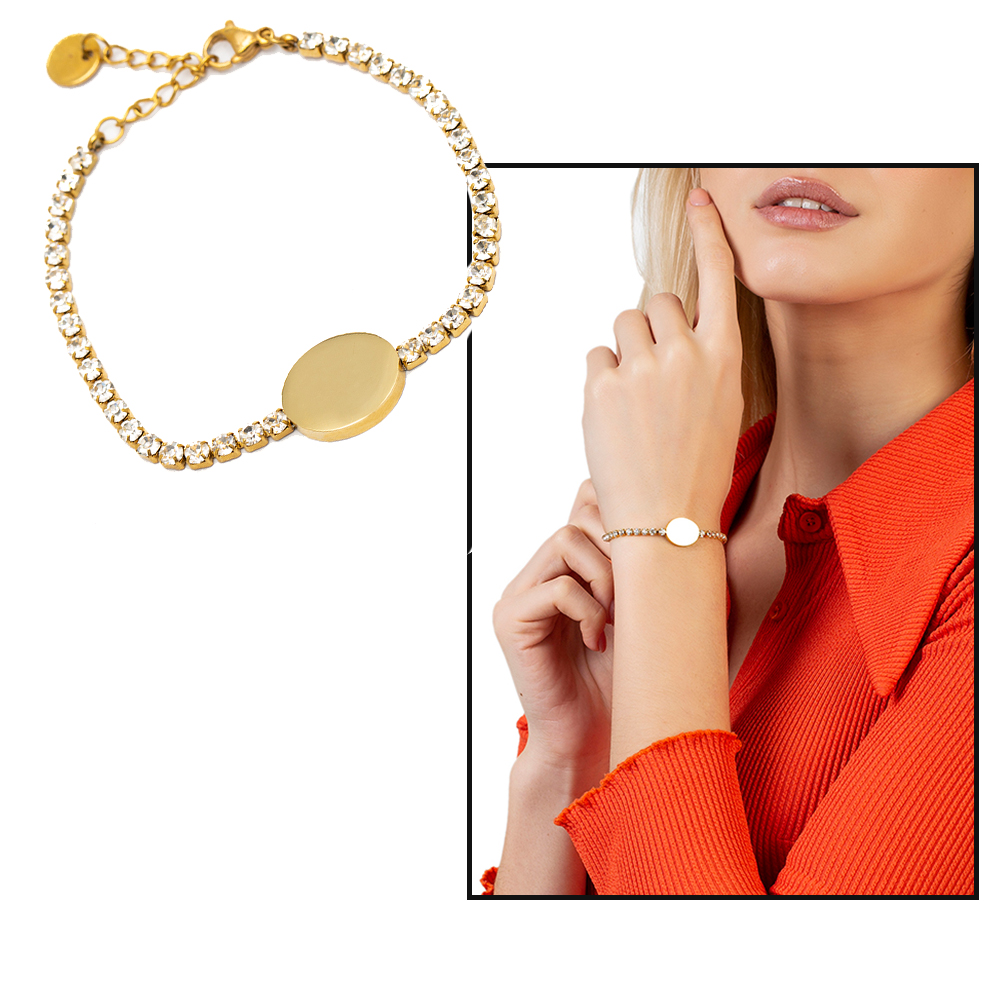 Beyaz Zirkon Taşlı Altın Renk Kişiye Özel İsim Yazılı Çelik Kadın Bileklik - 1