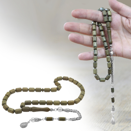 Pelesenk Ağacı Tesbih - 925 Ayar Gümüş Kral Zincir Püsküllü - Kahverengi - Kapsül Kesim - Tesbihane