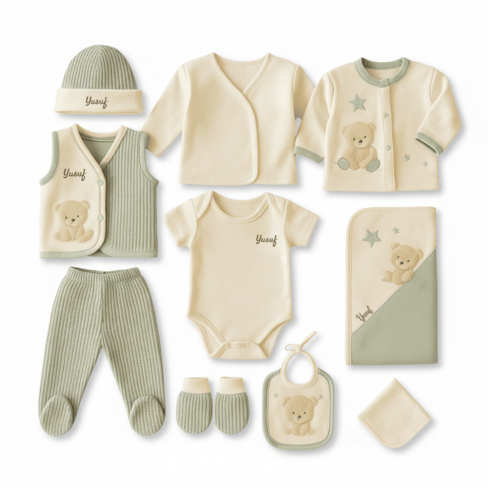 Peluş Ayıcıklı İsme Özel Nakışlı Yeşil Krem 10 lu Yenidoğan Hastane Çıkış Bebek Takımı - 4