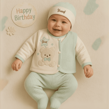 Peluş Ayıcıklı İsme Özel Nakışlı Yeşil Krem 10 lu Yenidoğan Hastane Çıkış Bebek Takımı - Tesbihane