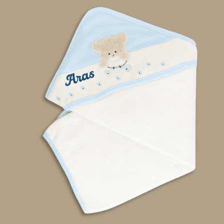Peluş Ayıcıklı İsme Özel Nakışlı Mavi Beyaz Bebek Havlusu - Tesbihane