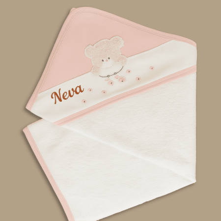 Peluş Ayıcıklı İsme Özel Nakışlı Pembe Beyaz Bebek Havlusu - Tesbihane
