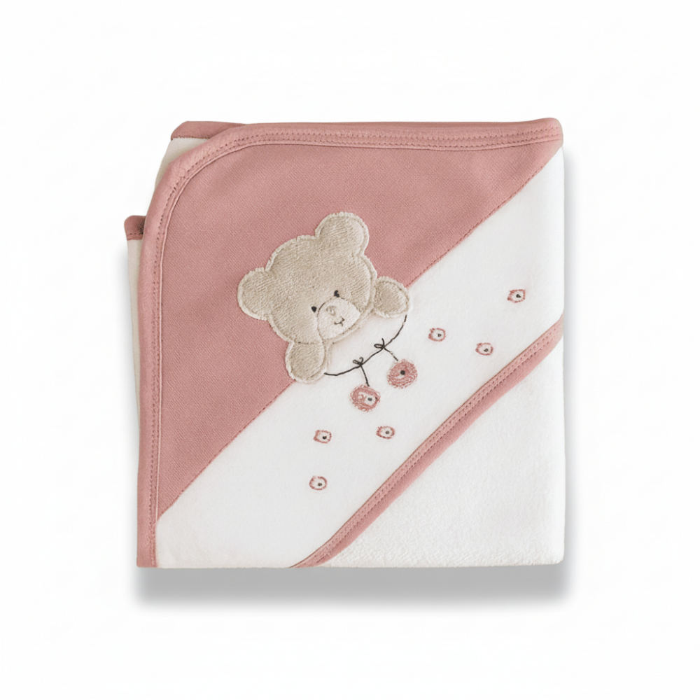 Peluş Ayıcıklı İsme Özel Nakışlı Pembe Beyaz Bebek Havlusu - 3