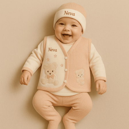 Peluş Ayıcıklı İsme Özel Nakışlı Pembe Krem 10 lu Yenidoğan Hastane Çıkış Bebek Takımı - Tesbihane