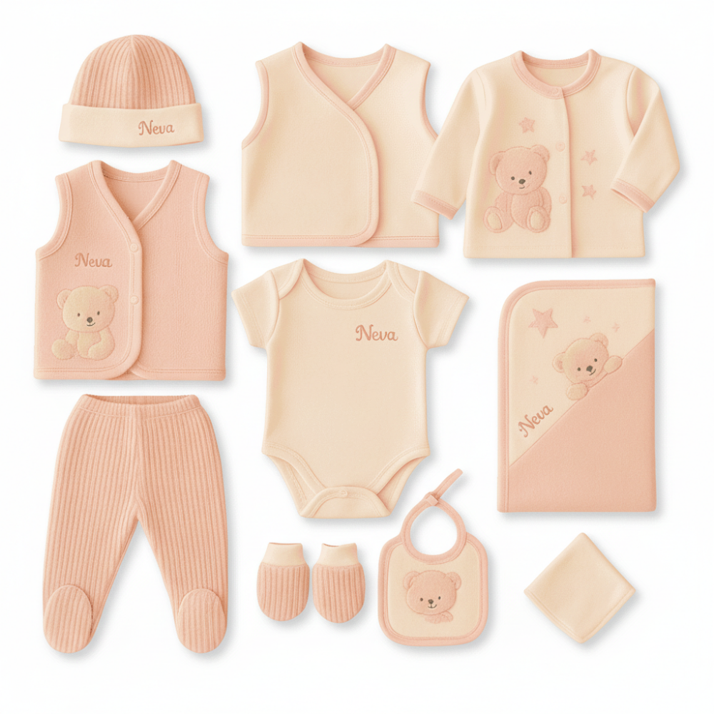 Peluş Ayıcıklı İsme Özel Nakışlı Pembe Krem 10 lu Yenidoğan Hastane Çıkış Bebek Takımı - 4