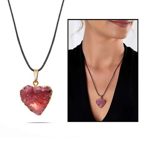 Pembe Kristal Mineral Doğaltaş Kalp Tasarım Bayan Kolye - Tesbihane