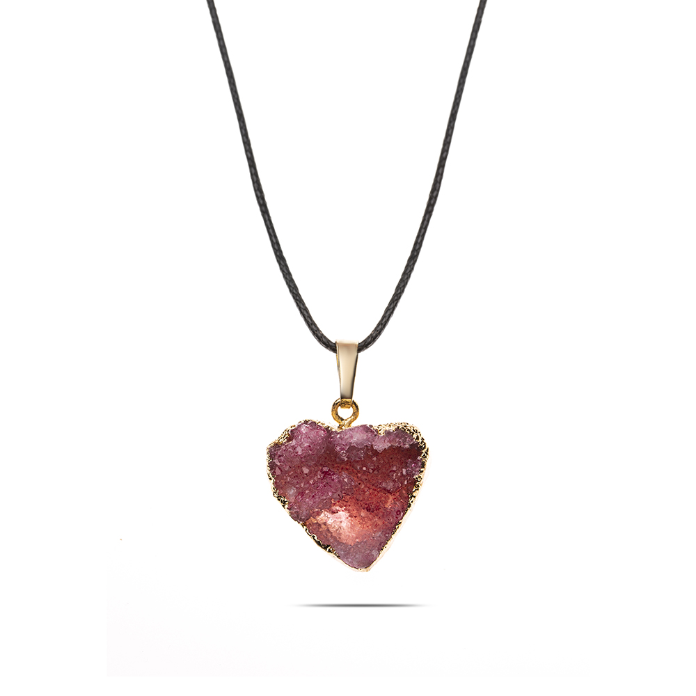 Pembe Kristal Mineral Doğaltaş Kalp Tasarım Bayan Kolye - 5