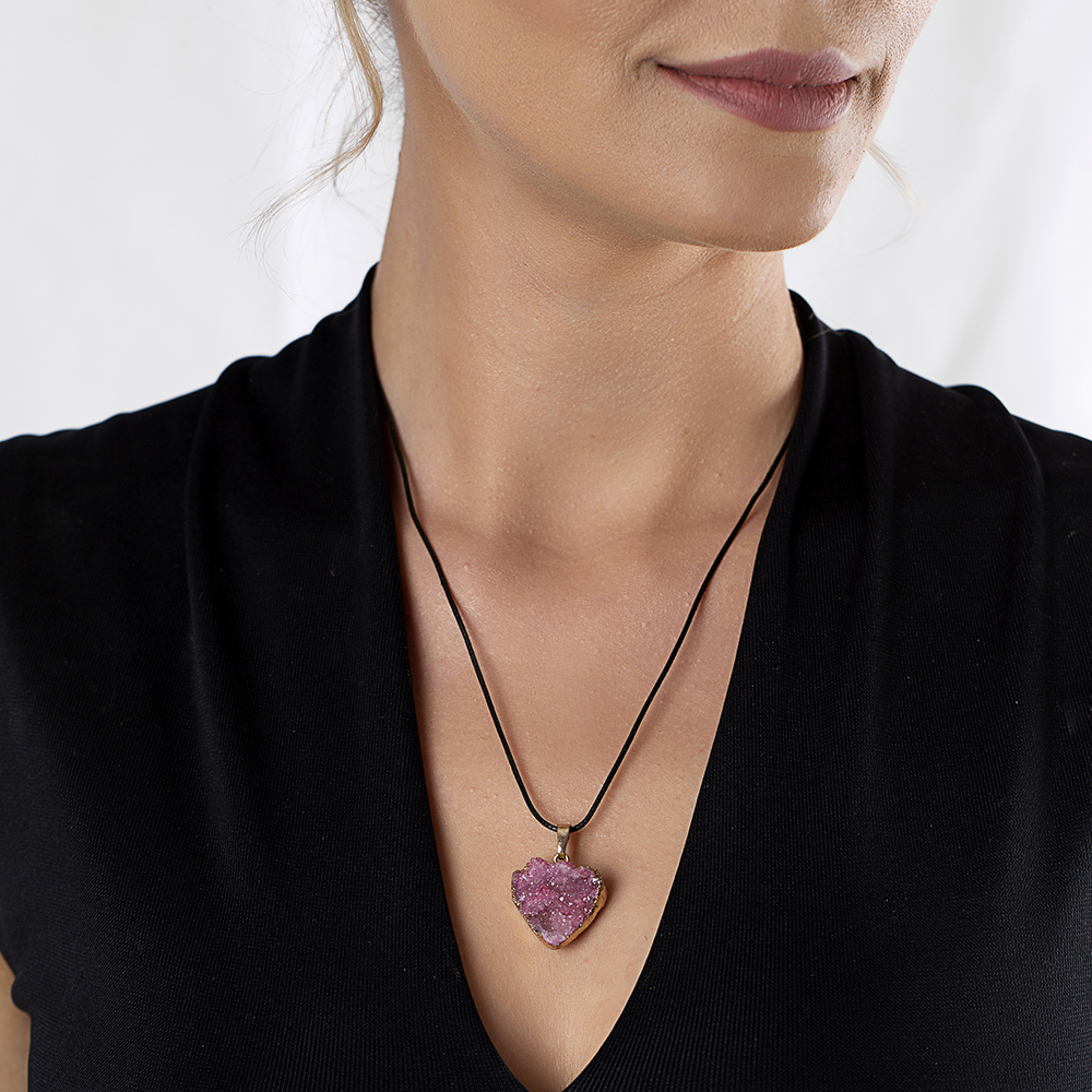 Pembe Kristal Mineral Doğaltaş Kalp Tasarım Bayan Kolye - 3