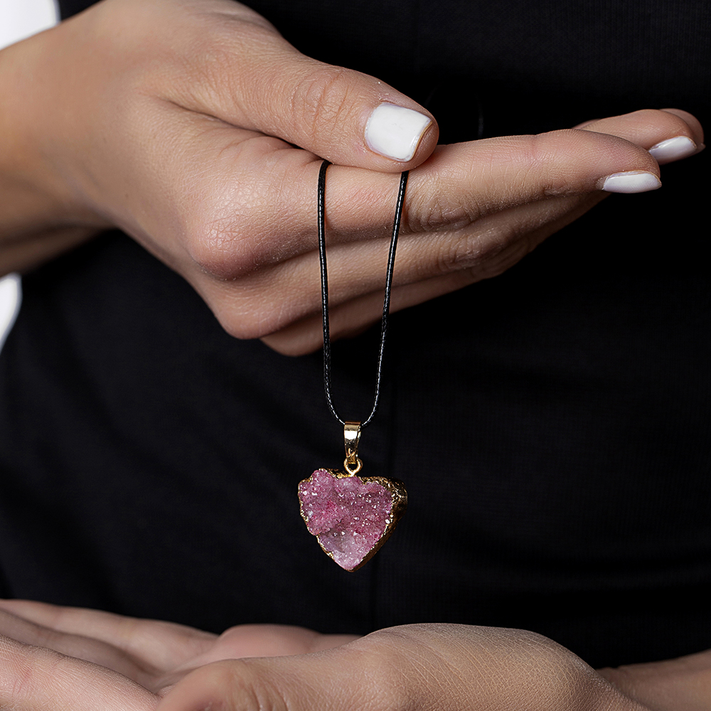 Pembe Kristal Mineral Doğaltaş Kalp Tasarım Bayan Kolye - 4