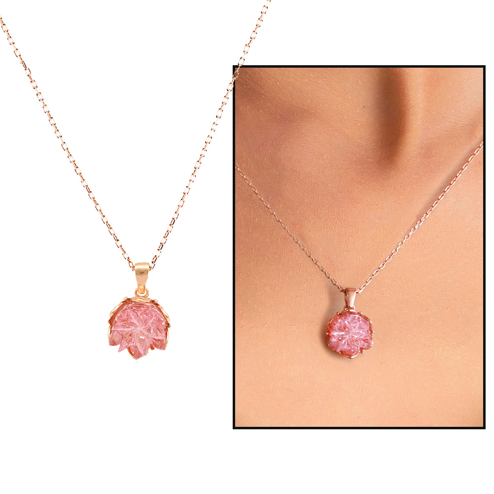 Pembe Zirkon Taşlı Lotus Çiçeği Tasarım 925 Ayar Gümüş 3'lü Takı Seti - 3
