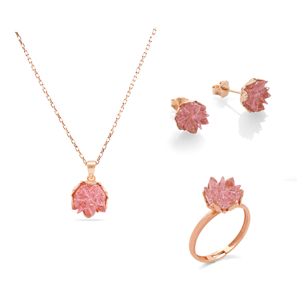 Pembe Zirkon Taşlı Lotus Çiçeği Tasarım 925 Ayar Gümüş 3'lü Takı Seti - 7