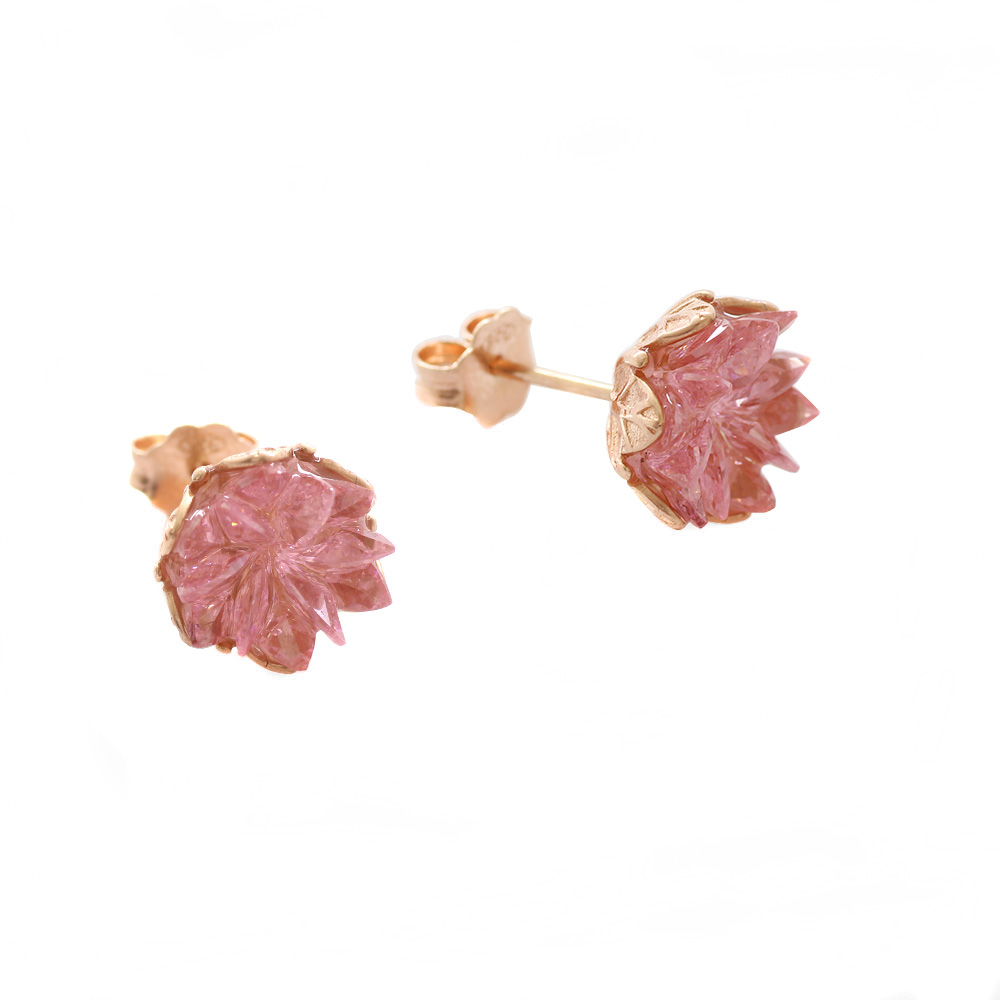 Pembe Zirkon Taşlı Lotus Çiçeği Tasarım 925 Ayar Gümüş Küpe - 2