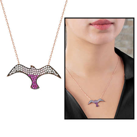 Pembe Zirkon Taşlı Martı Tasarım 925 Ayar Gümüş Bayan Kolye - Tesbihane