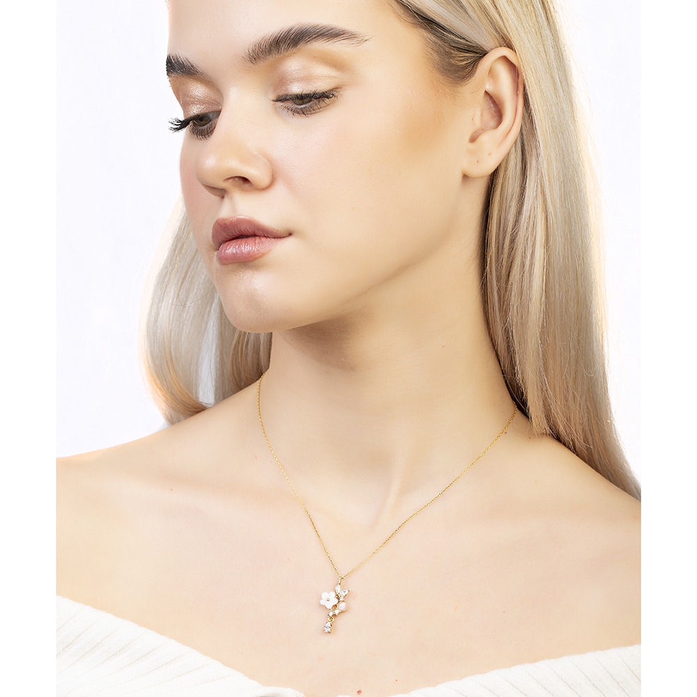 Pembe Zirkon Taşlı Sedef Kır Çiçeği Detaylı Altın Renk 925 Ayar Gümüş Kadın Kolye - 4