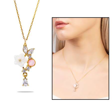 Pembe Zirkon Taşlı Sedef Kır Çiçeği Detaylı Altın Renk 925 Ayar Gümüş Kadın Kolye - Tesbihane