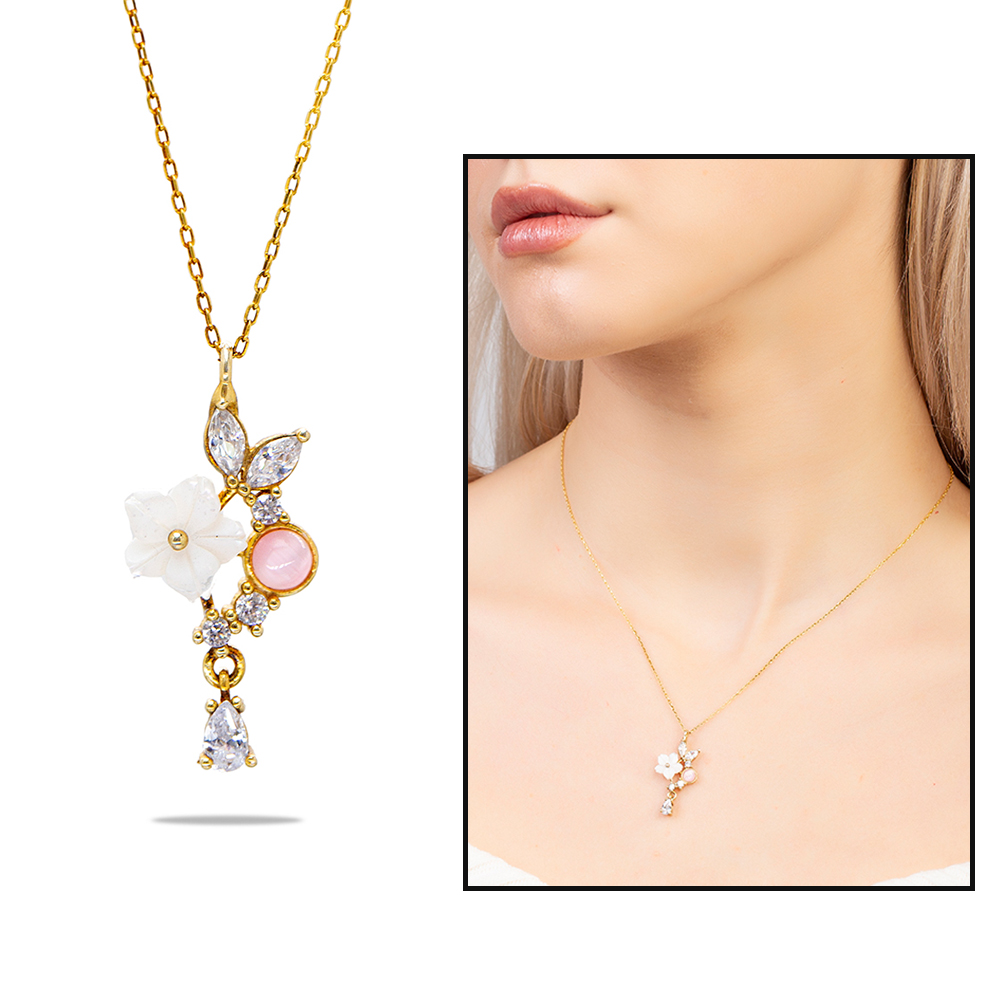 Pembe Zirkon Taşlı Sedef Kır Çiçeği Detaylı Altın Renk 925 Ayar Gümüş Kadın Kolye - 1