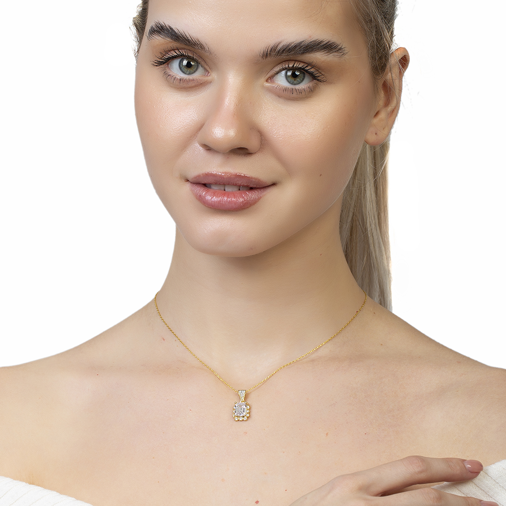 Pırlanta Montür Baget Taşlı Altın Renk 925 Ayar Gümüş Kadın Kolye - 2