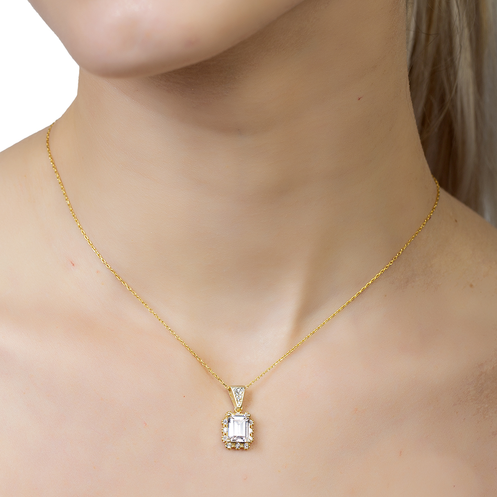 Pırlanta Montür Baget Taşlı Altın Renk 925 Ayar Gümüş Kadın Kolye - 4