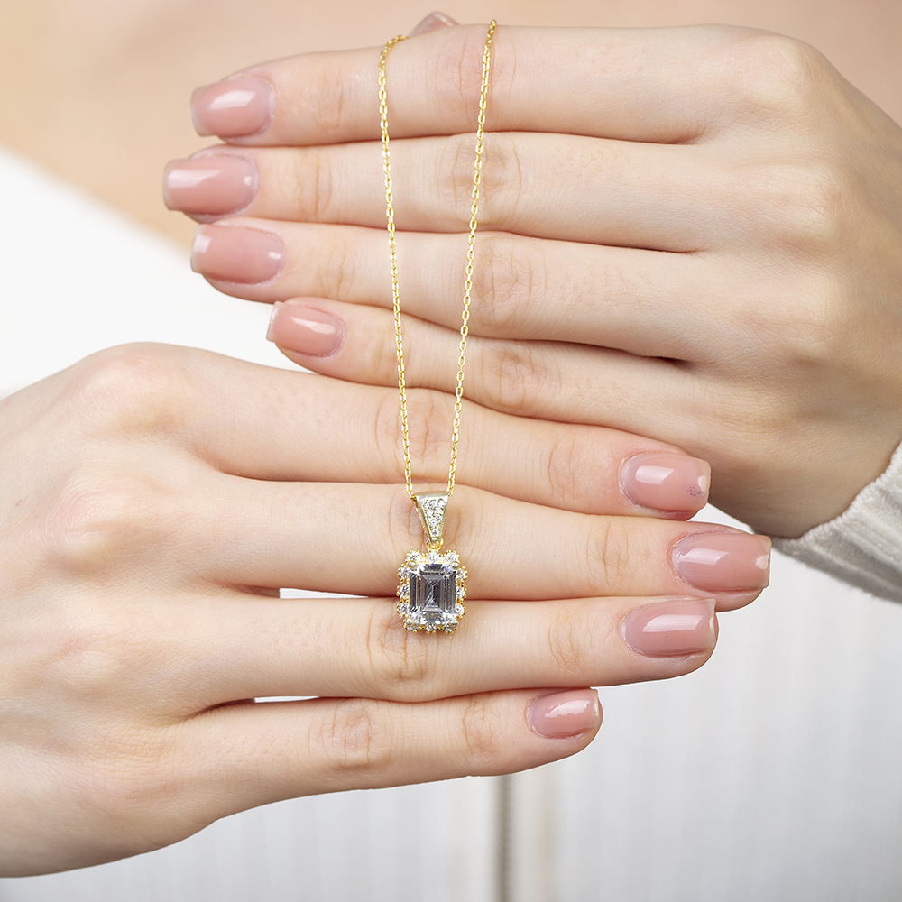 Pırlanta Montür Baget Taşlı Altın Renk 925 Ayar Gümüş Kadın Kolye - 5