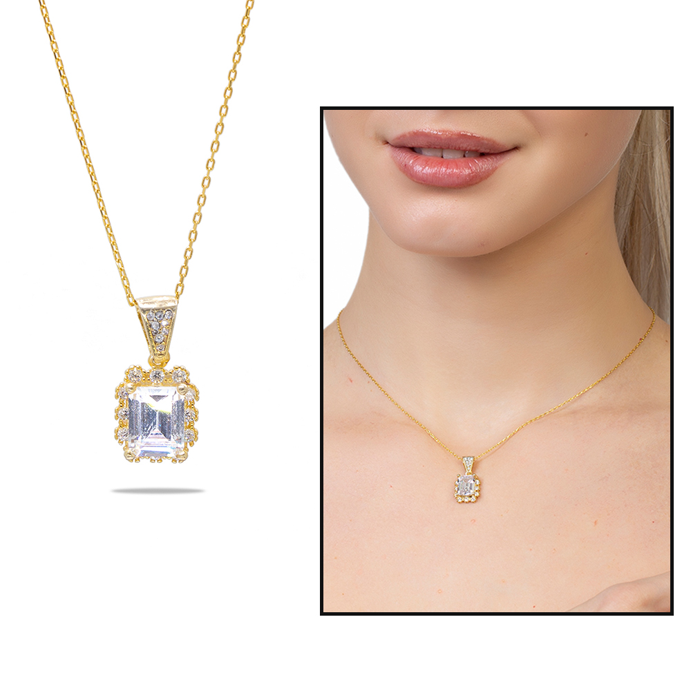 Pırlanta Montür Baget Taşlı Altın Renk 925 Ayar Gümüş Kadın Kolye - 1