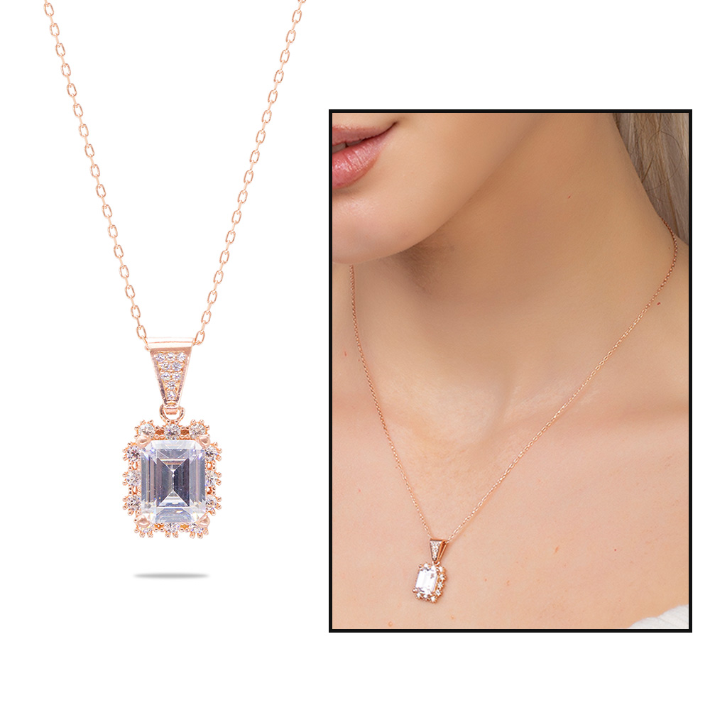 Pırlanta Montür Baget Taşlı Rose Renk 925 Ayar Gümüş Kadın Kolye - 2