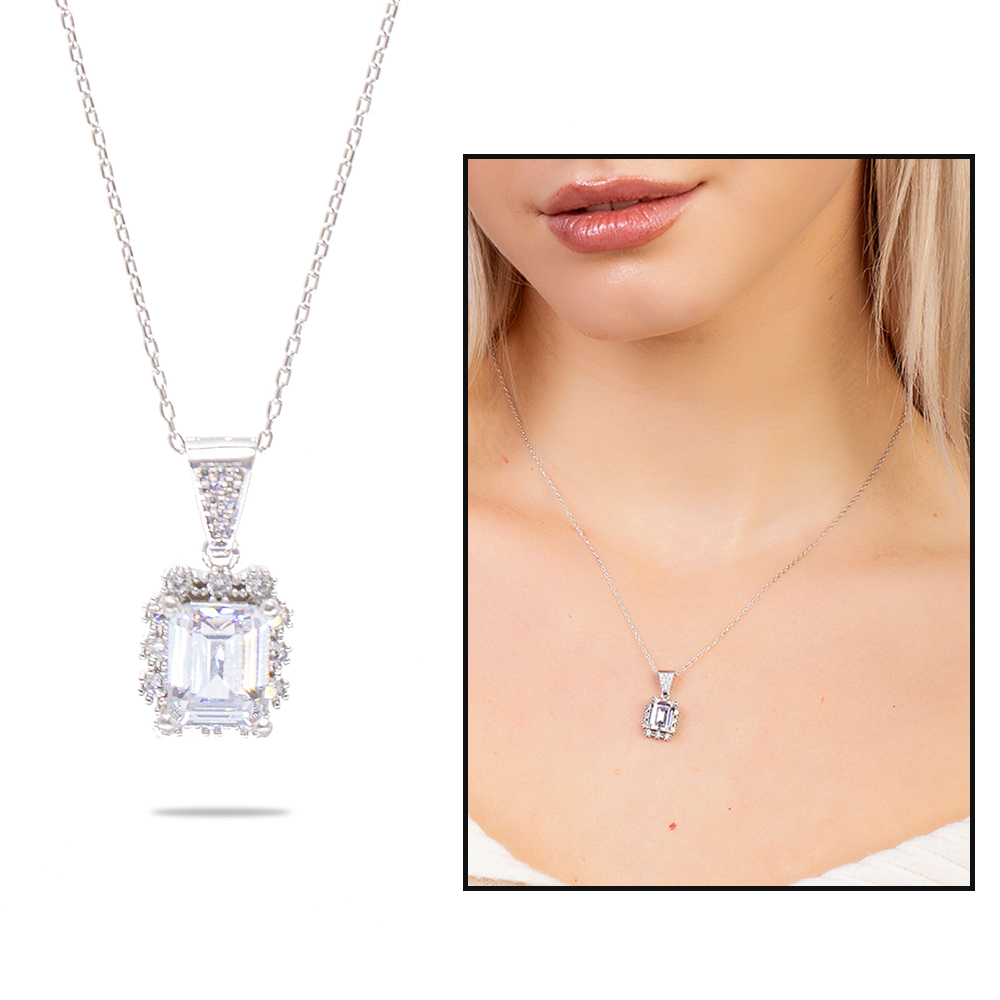 Pırlanta Montür Baget Taşlı Gümüş Renk 925 Ayar Gümüş Kadın Kolye - 2