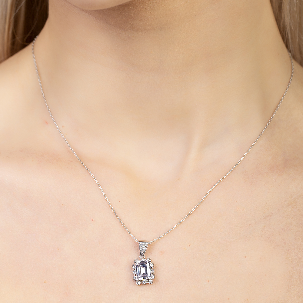 Pırlanta Montür Baget Taşlı Gümüş Renk 925 Ayar Gümüş Kadın Kolye - 4