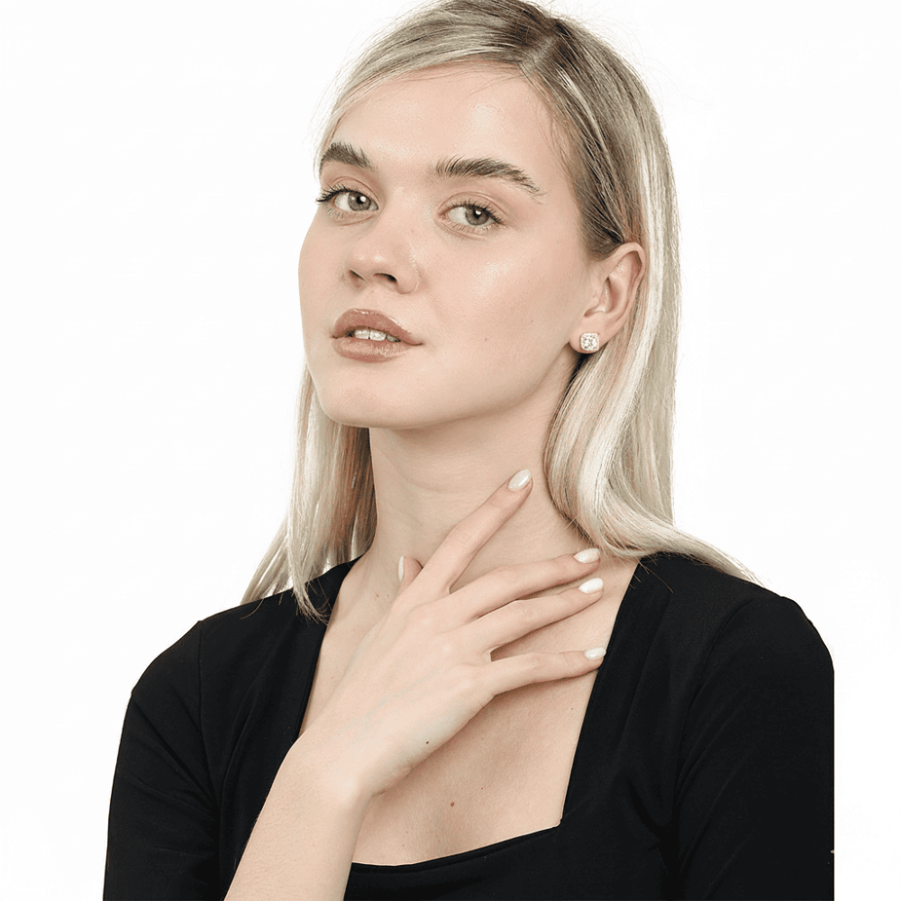 Pırlanta Montür Kare Tasarım Zirkon Taşlı Altın Renk 925 Ayar Gümüş Kadın Küpe - 6