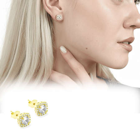 Pırlanta Montür Kare Tasarım Zirkon Taşlı Altın Renk 925 Ayar Gümüş Kadın Küpe - Tesbihane