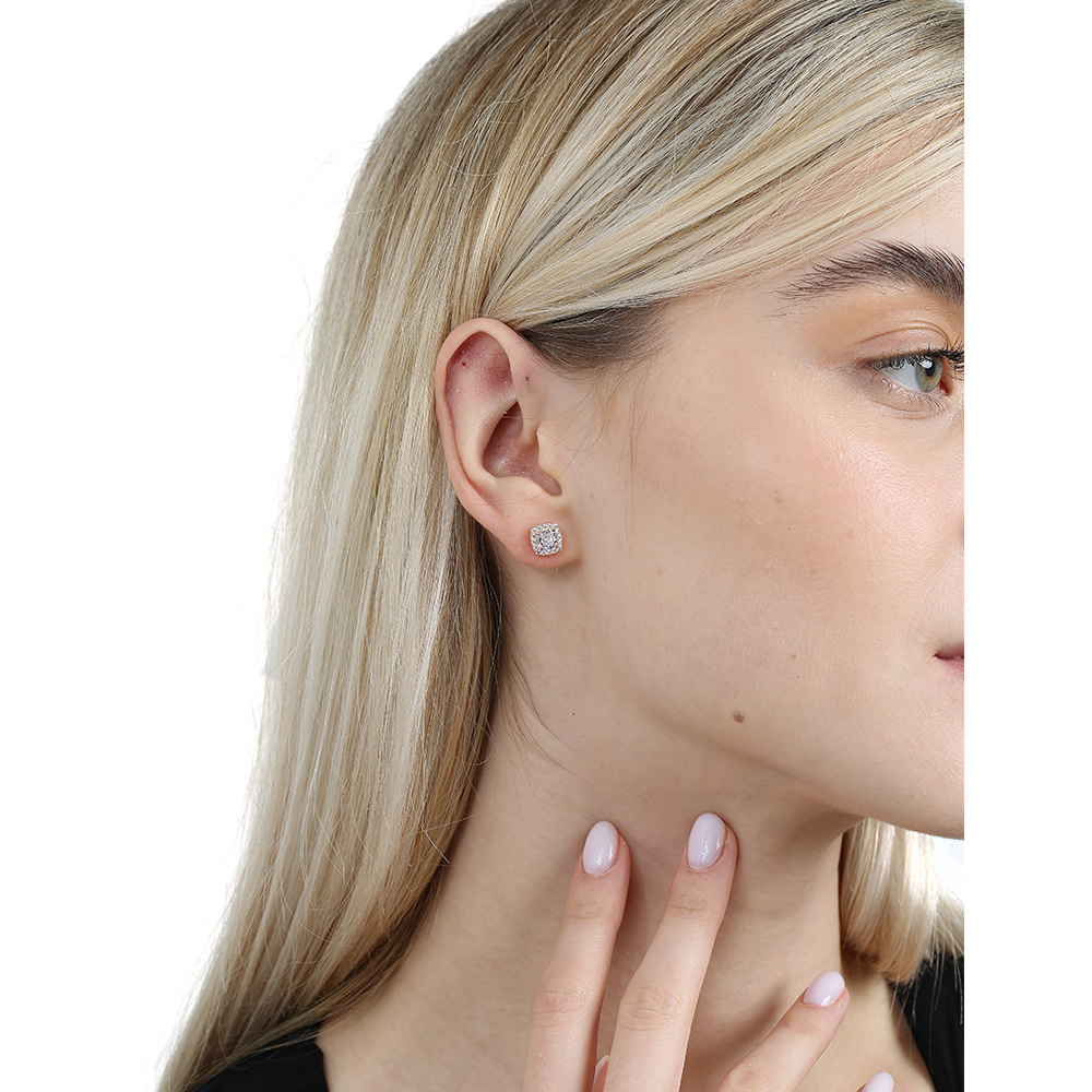 Pırlanta Montür Kare Tasarım Zirkon Taşlı Rose Renk 925 Ayar Gümüş Kadın Küpe - 1