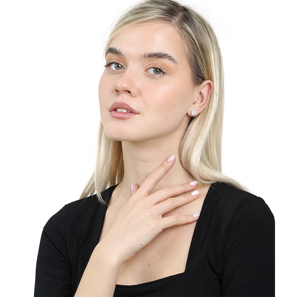 Pırlanta Montür Kare Tasarım Zirkon Taşlı Gümüş Renk 925 Ayar Gümüş Kadın Küpe - 2