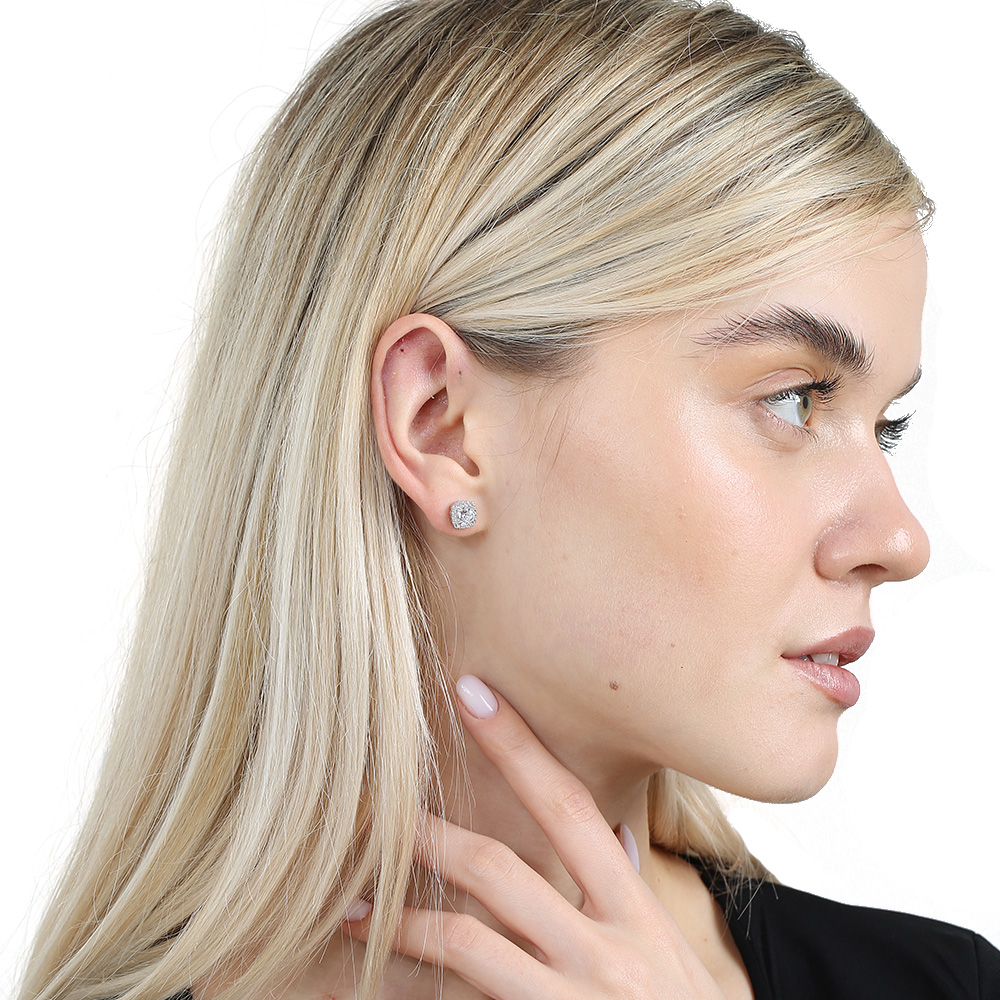 Pırlanta Montür Kare Tasarım Zirkon Taşlı Gümüş Renk 925 Ayar Gümüş Kadın Küpe - 1